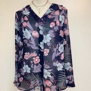 Urban Coco Semi-Sheer Navy Floral Print Blouse Women’s Medium Boho